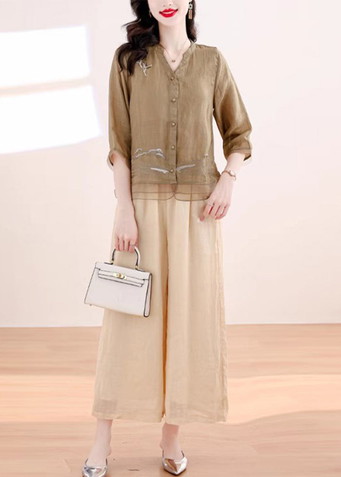 Khaki Embroidered Patchwork Linen Two Piece Set Outfits Summer