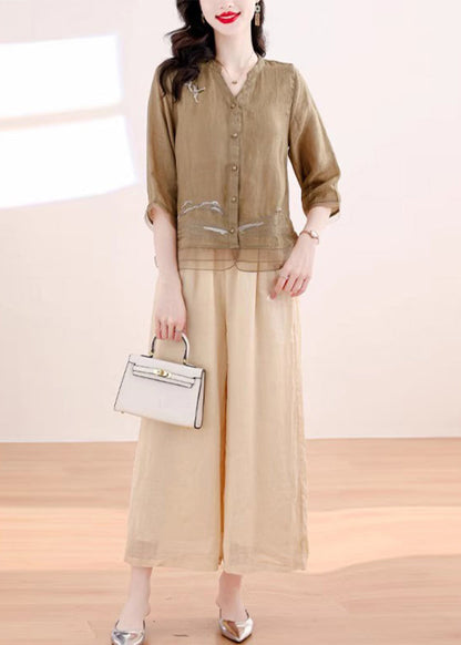 Khaki Embroidered Patchwork Linen Two Piece Set Outfits Summer