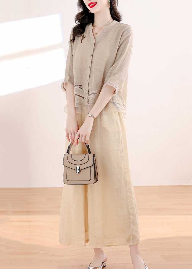 Khaki Embroidered Patchwork Linen Two Piece Set Outfits Summer