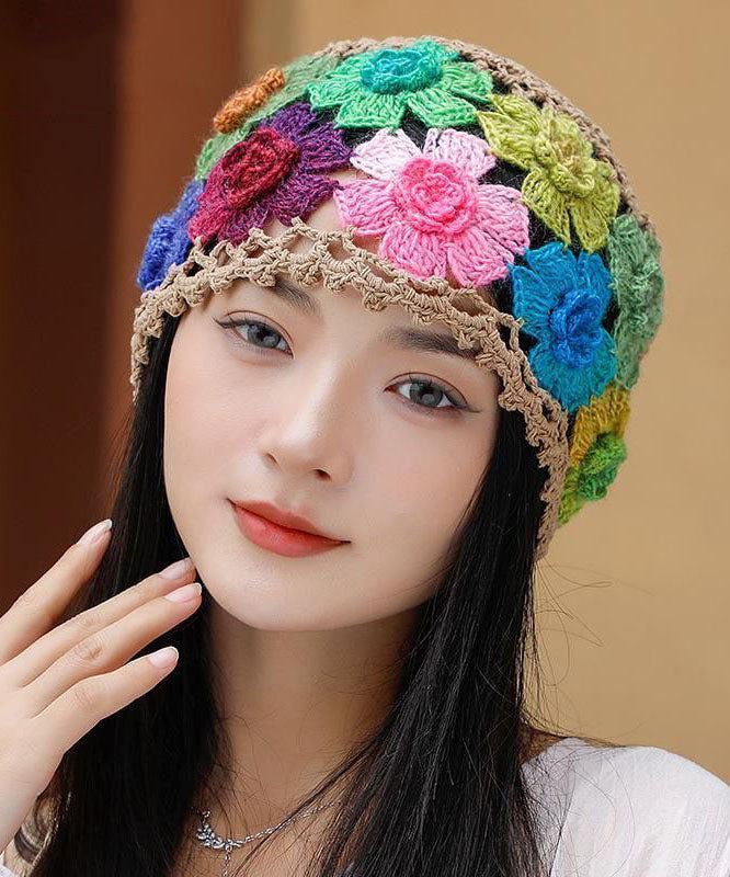 Khaki Embroidered Hollow Out Knit Bonnie Hat