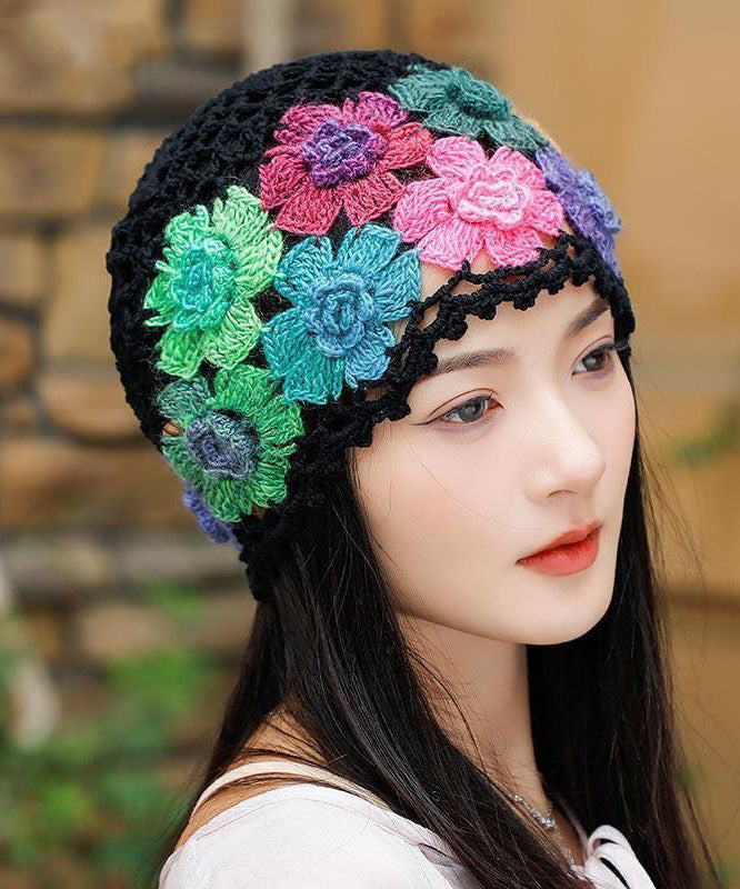 Khaki Embroidered Hollow Out Knit Bonnie Hat