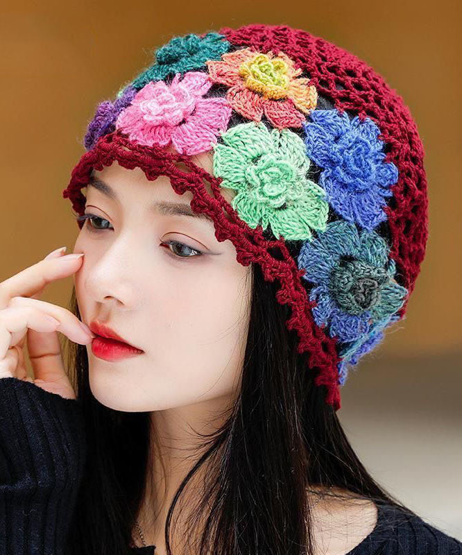 Khaki Embroidered Hollow Out Knit Bonnie Hat