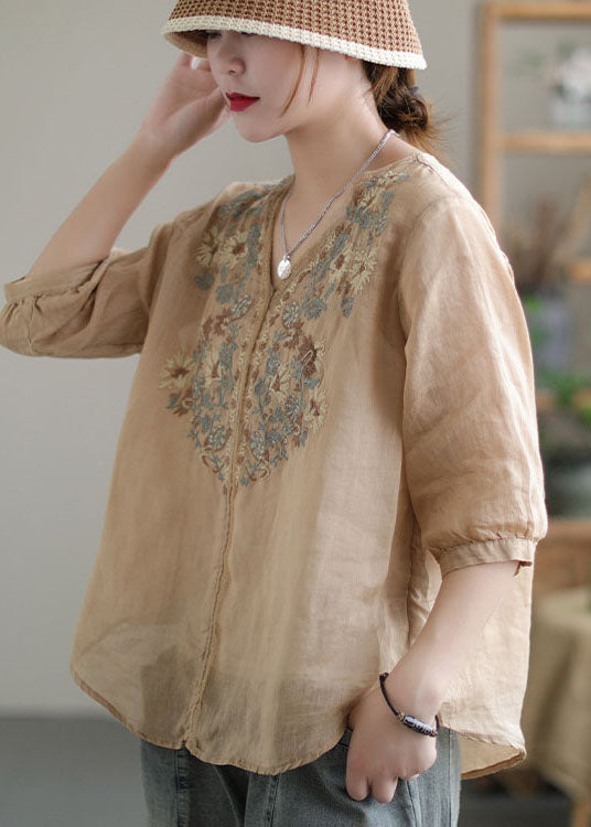 Khaki Embroideried Lace Patchwork Linen Shirt Top Half Sleeve