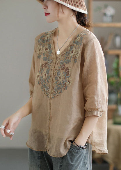 Khaki Embroideried Lace Patchwork Linen Shirt Top Half Sleeve