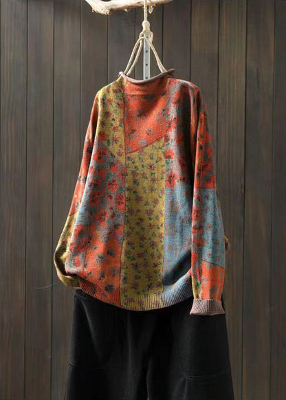 Khaki Half Hign Neck Print Cotton Knit Sweaters Fall