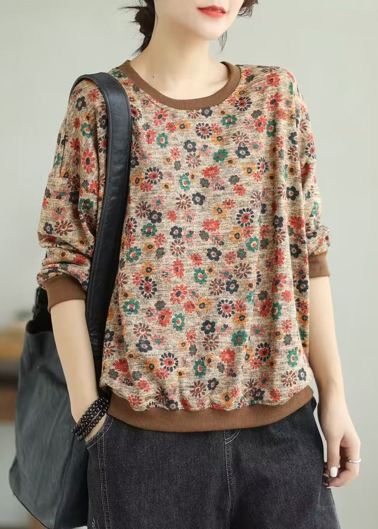 Khaki O-neck Print Cotton Knit Sweaters Fall