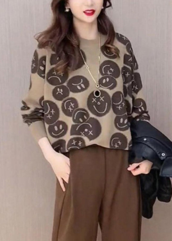 Khaki O-neck Print Knit Sweaters Fall