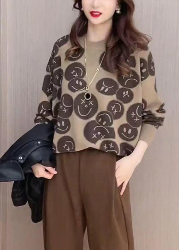 Khaki O-neck Print Knit Sweaters Fall