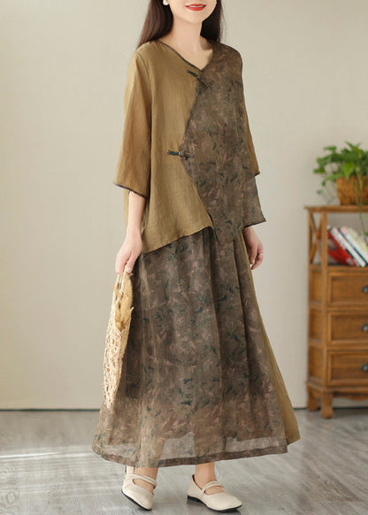 Khaki Print Linen Top and a Line Skirts Two Pieces Set Summer