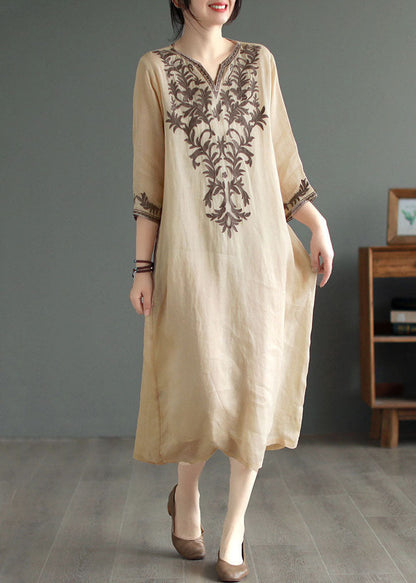 Khaki V Neck Embroideried Patchwork Linen Dress Summer