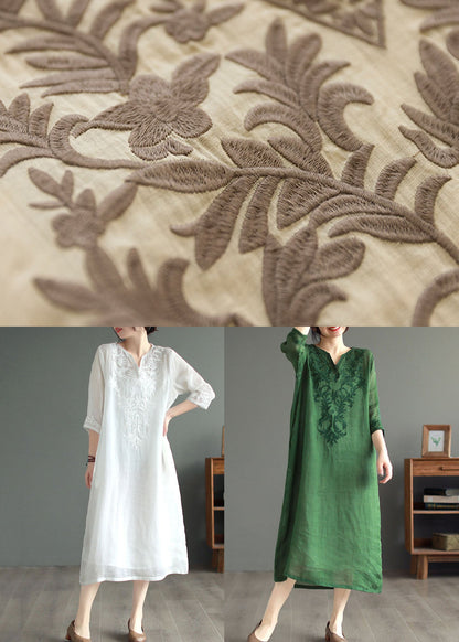 Khaki V Neck Embroideried Patchwork Linen Dress Summer