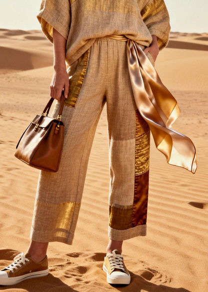 Khaki V Neck Tops and Crop Pants Patchwork Silk Linen Two Pieces Set Batwing Sleeve