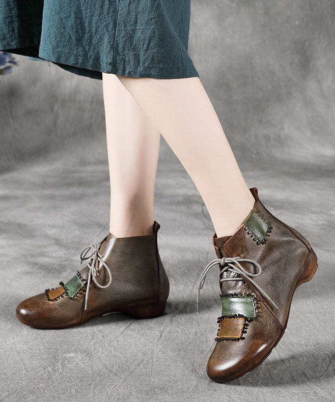 Lace Up Splicing Wedge Boots Camel Cowhide Leather