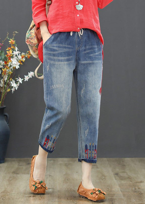 Light Blue Embroideried Tie Waist Crop Jeans Summer