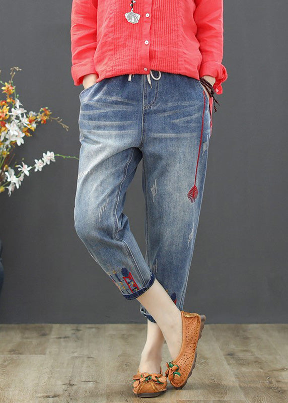 Light Blue Embroideried Tie Waist Crop Jeans Summer