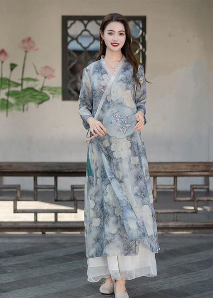 Light Blue V Neck Print Patchwork Linen Long Dresses Summer