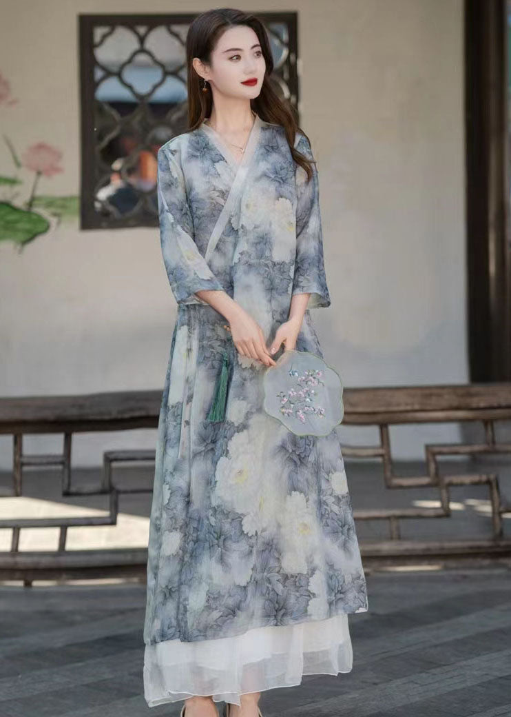 Light Blue V Neck Print Patchwork Linen Long Dresses Summer