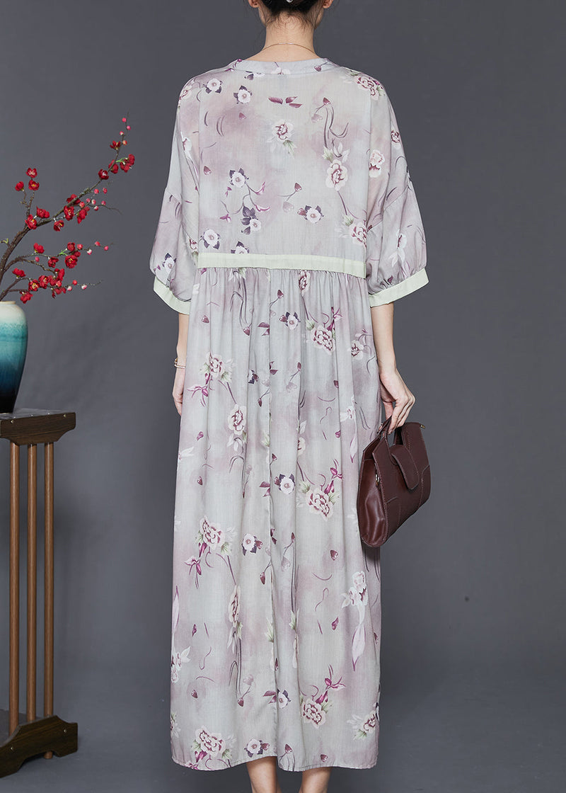 Light Purple V Neck Print Linen Dress Summer