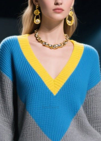 Mixed Color V Neck Patchwork Knit Pullover Winter