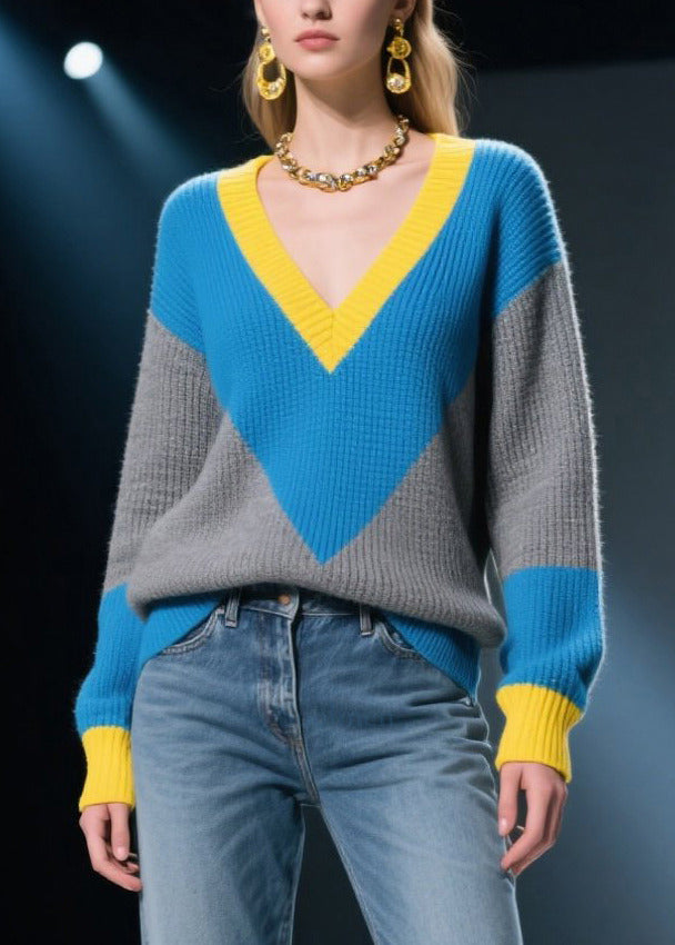 Mixed Color V Neck Patchwork Knit Pullover Winter