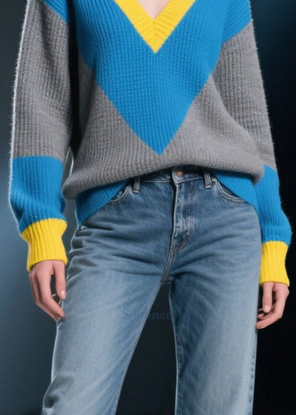 Mixed Color V Neck Patchwork Knit Pullover Winter
