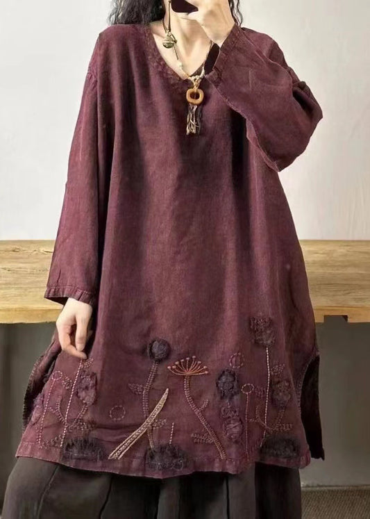 Mulberry V Neck Embroidered Patchwork Linen Mid Dresses Fall