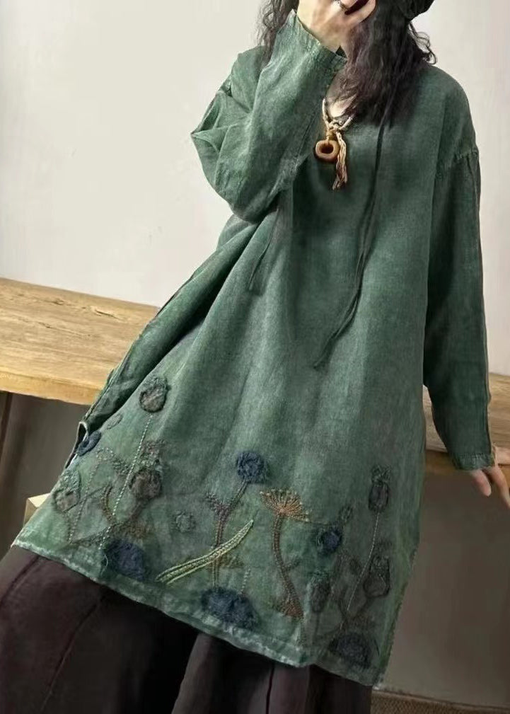 Black Flower V Neck Embroidered Patchwork Linen Mid Dresses Fall