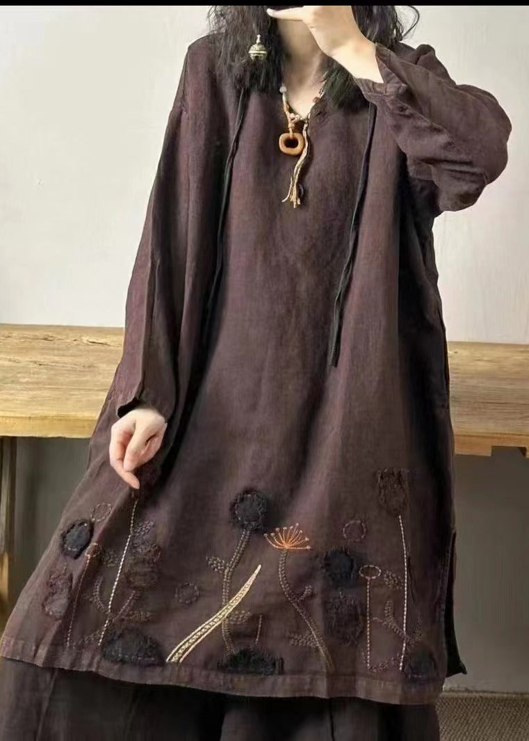 Green Polka Dots V Neck Embroidered Patchwork Linen Mid Dresses Fall