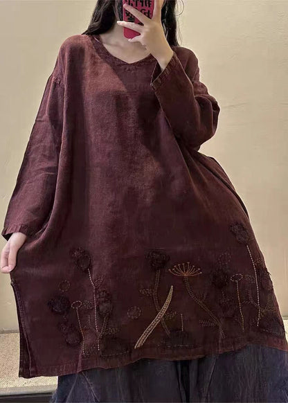 Yellow Flower V Neck Embroidered Patchwork Linen Mid Dresses Fall