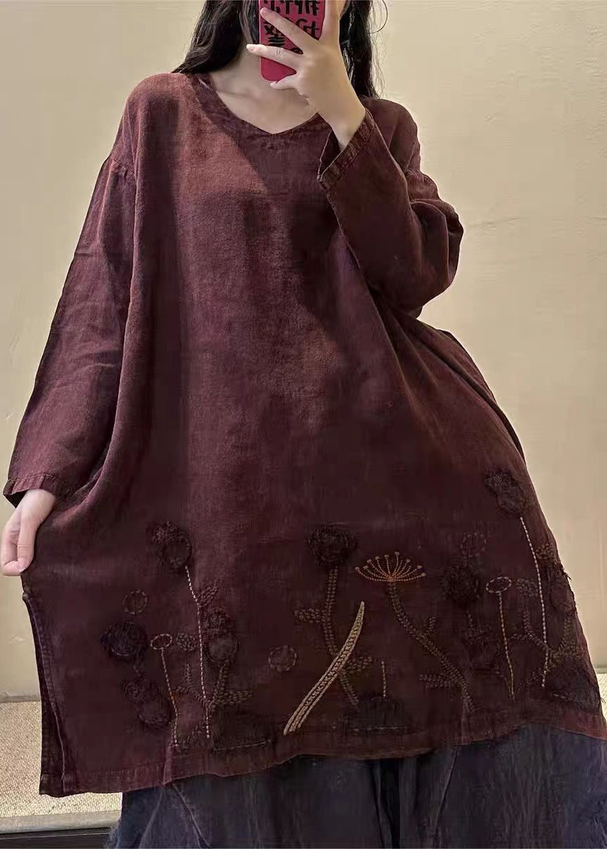 Green Polka Dots V Neck Embroidered Patchwork Linen Mid Dresses Fall