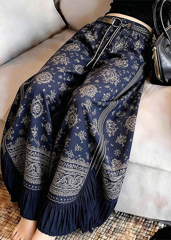 Navy Blue Asymmetrical Print Wrinkled Straight Pants