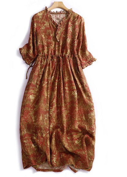 Navy Blue Ruffled Patchwork Print Drawstring Maxi Dresses Short Sleeve