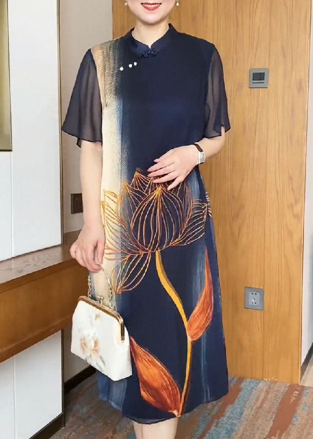 Navy Mandarin Collar Print Silk Holiday Dress Cloak Sleeves