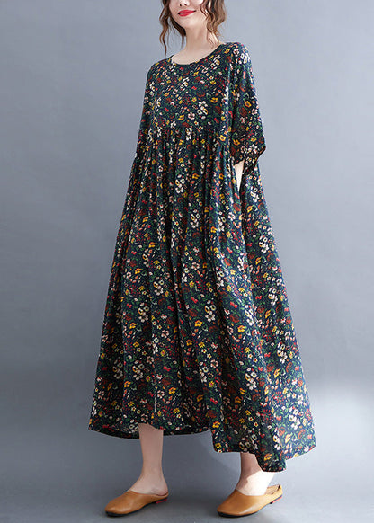 Navy O-neck Patchwork Cotton Party Maxi Dress Summer