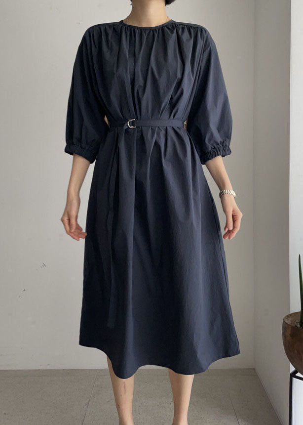 Navy O-neck Tie Waist Cotton Mid Dress Half Sleeve Long Dress