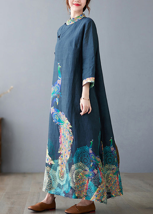 Navy Peacock Print Side Open Linen Long Dress Bracelet Sleeve