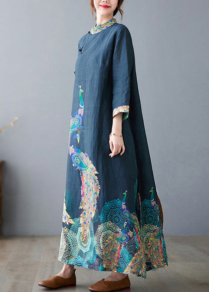 Navy Peacock Print Side Open Linen Long Dress Bracelet Sleeve