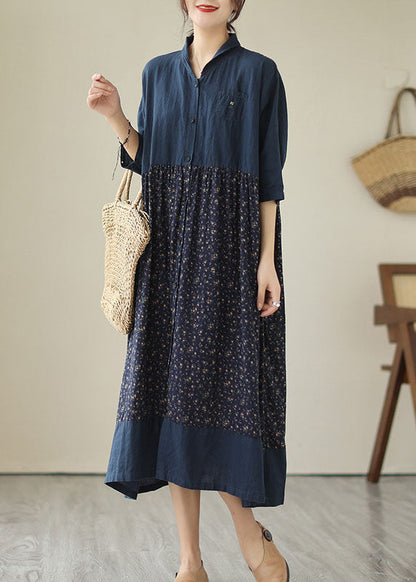 Navy Stand Collar Print Patchwork Linen Dresses Summer