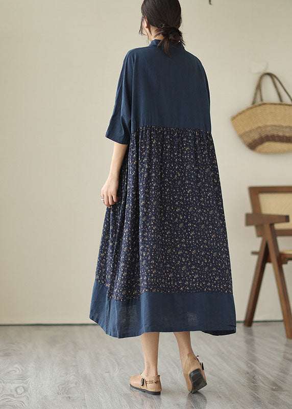 Navy Stand Collar Print Patchwork Linen Dresses Summer