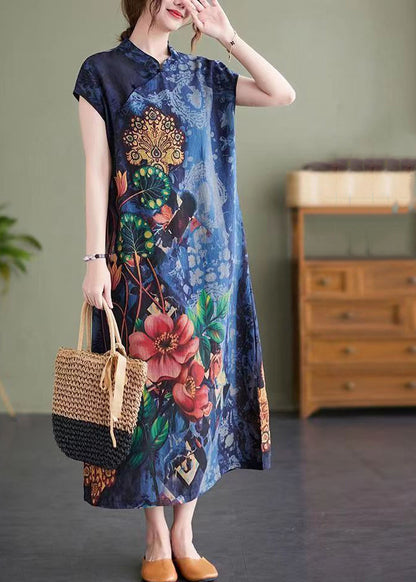 Navy Stand Collar Side Open Print Cheongsam Dresses Short Sleeve