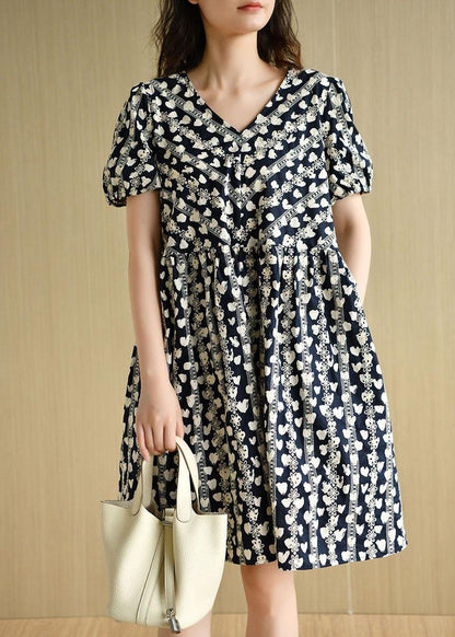 Navy V Neck Loose Print Summer Cotton Dress Short Sleeve
