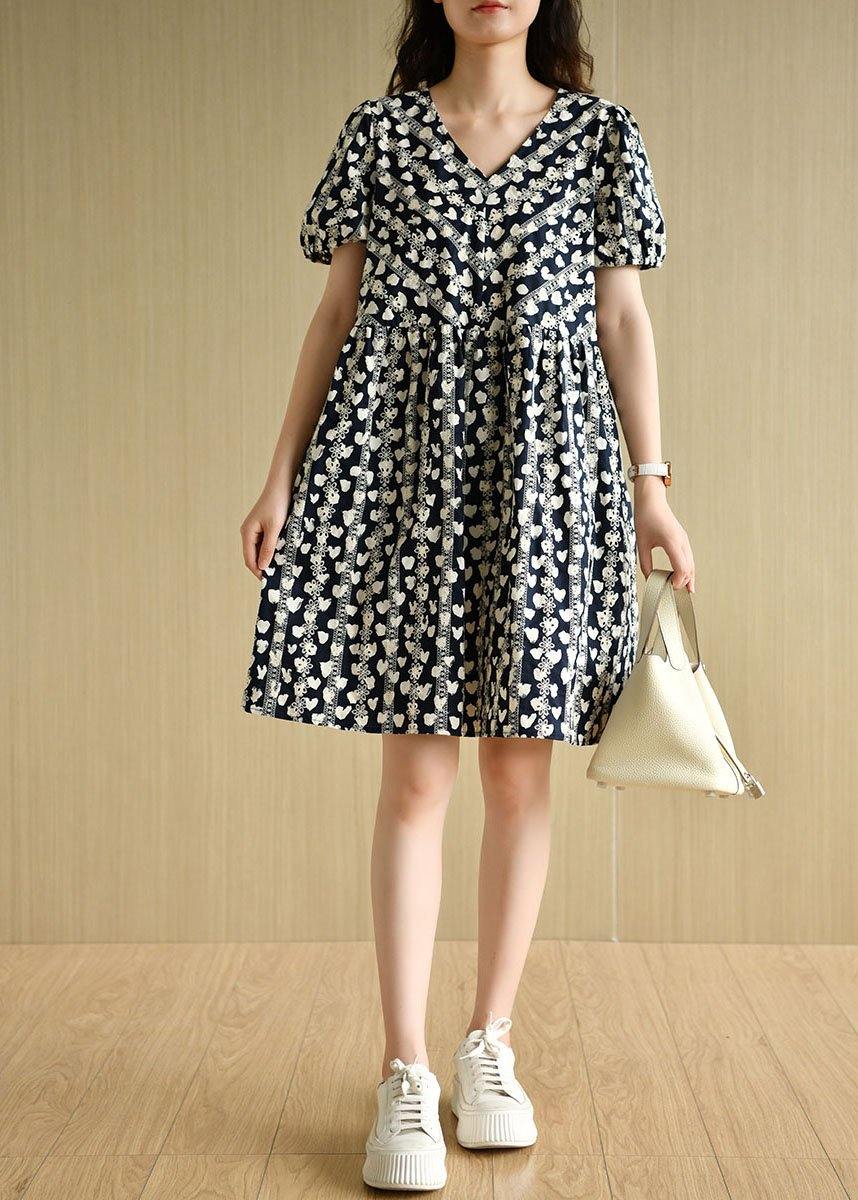 Navy V Neck Loose Print Summer Cotton Dress Short Sleeve