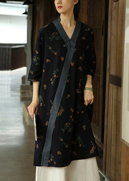 Navy V Neck Print Patchwork Cotton Dress Half Sleeve