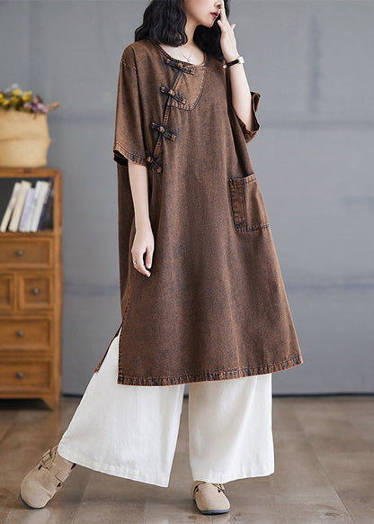 O-neck Button Side Open Denim Long Dresses Short Sleeve