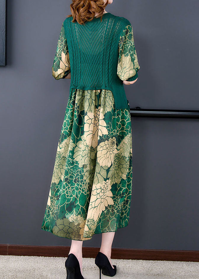 O-neck Green Knit Patchwork Print Silk Dresses Summer