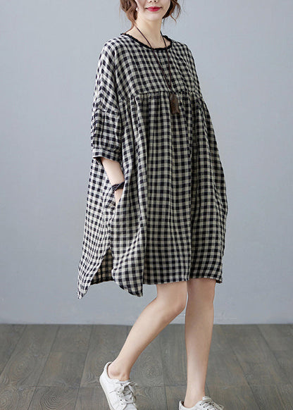 O-neck Wrinkled Pocket Purple Linen Loose Dresses Half Sleeve
