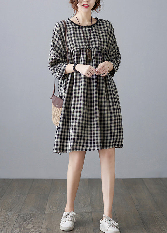 O-neck Wrinkled Pocket Purple Linen Loose Dresses Half Sleeve