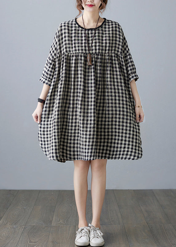 O-neck Wrinkled Pocket Blue Linen Loose Dresses Half Sleeve