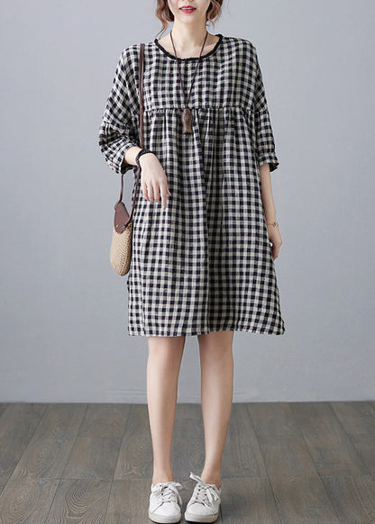O-neck Wrinkled Pocket Yellow Linen Loose Dresses Half Sleeve