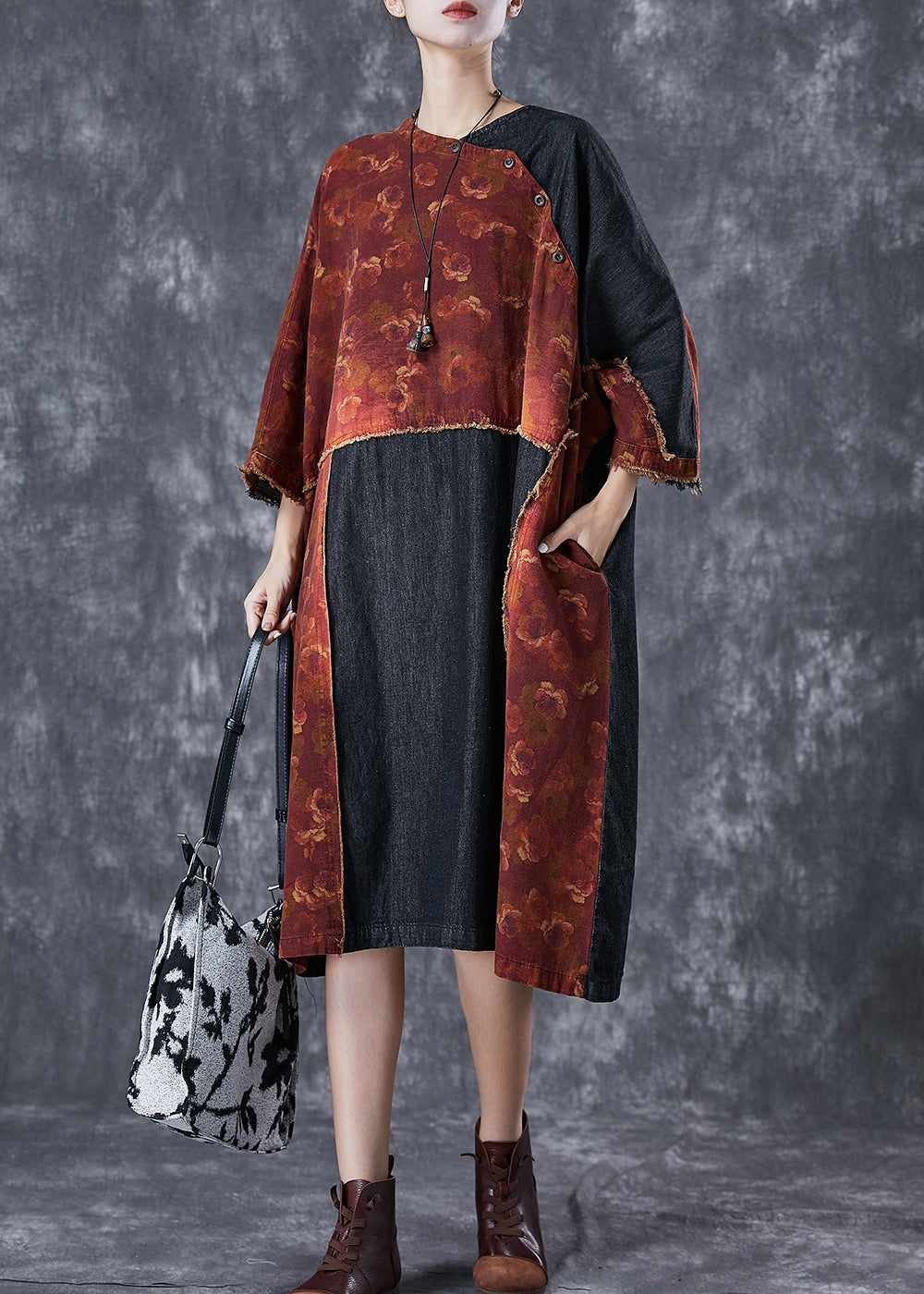 Orange Asymmetrical Denim Patchwork Linen Dress Summer